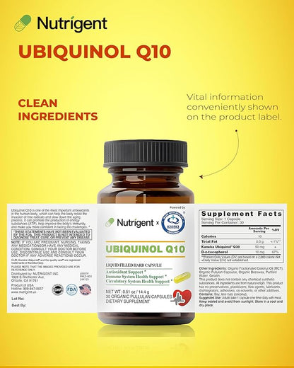 Ubiquinol CoQ10 50 mg, Liquid Filled Organic Capsules, High Absorption Coenzyme Q10 Supplements, Antioxidant for Heart Health & Energy Production, 30 Count