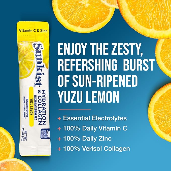 The Frozen Bean Sunkist Collagen Drink Mix - Hydration Yuzu Lemon Electrolyte Drink for Women with Vitamin C, Zinc, Collagen Peptides, Naturally Flavored - 20 Pack