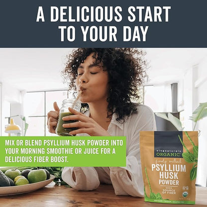 Viva Naturals Organic Psyllium Husk Powder, 10 oz - Finely Ground, Unflavored Plant Based Superfood - Good Source of Fiber for Gluten-Free Baking, Juices & Smoothies - Certified Vegan, Keto and Paleo