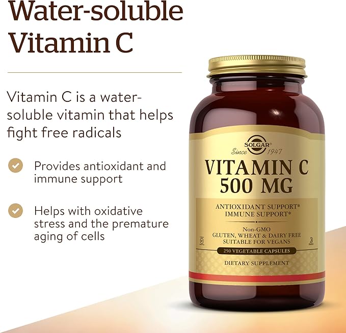Solgar Vitamin C 500 mg, 250 Vegetable Capsules - Antioxidant & Immune Support - Overall Health - Supports Healthy Skin & Joints - Non-GMO, Vegan, Gluten Free, Kosher - 250 Servings