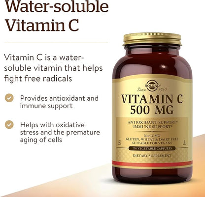 Solgar Vitamin C 500 mg, 250 Vegetable Capsules - Antioxidant & Immune Support - Overall Health - Supports Healthy Skin & Joints - Non-GMO, Vegan, Gluten Free, Kosher - 250 Servings