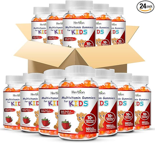 HERBION Naturals Multivitamin Gummies for Kids | Immune Support with Vitamin C, D3, B12, A, E & Zinc | Strawberry Flavor | Gluten Free, Vegan, Chewable Gummy Vitamins | 90 Ct | Pack of 24