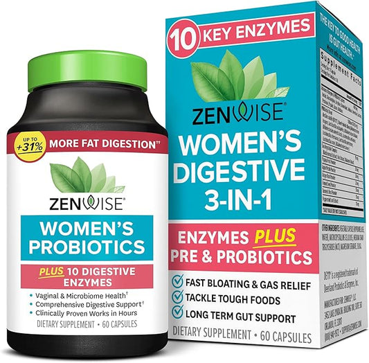 Zenwise Health Probiotics for Women - Digestive Enzymes for Bloating Relief, Vaginal Health, and Gut Flora Health, Daily Women Probiotic & Prebiotic Supplement for Digestive Health - 60 CT