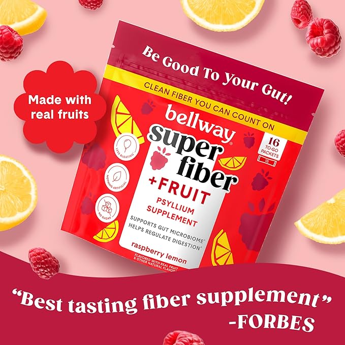 Bellway Super Fiber Packets + Fruit, Sugar Free Organic Psyllium Husk Powder Fiber Supplement to Go for Regularity, Bloating Relief & Gut Health, Non-GMO, Plant-Based, Raspberry Lemon (16 Packets)