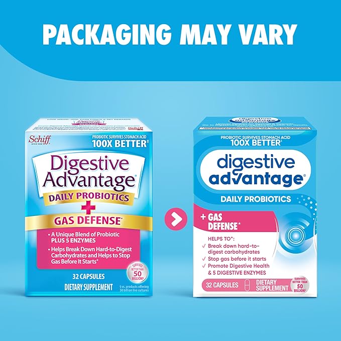 Digestive Enzyme and Probiotic Capsule- Digestive Advantage 32 Capsules, Survives 100x Better than regular 50 billion CFU, Breaks down food, helps prevent gas