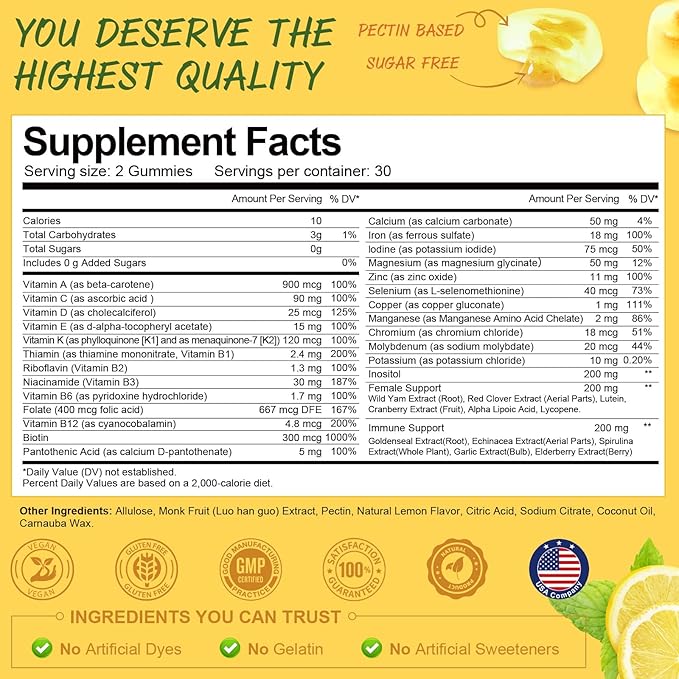 Sugar Free Multivitamin Gummies for Women 14+ w/Iron, Bariatric Multivitamin, Inositol, Folate, Biotin, Womens Daily Gummy w/Vitamin A, D, C, B, for Hair, Skin, Energy, Immune, Lemon Flavor