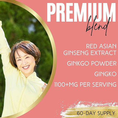 Ginkgo + Ginseng for Women – with Red Asian Ginseng Extract & Ginkgo Powder – 180 Veggie Capsules – 60 Servings – Non-GMO, Vegan & Gluten-Free (180 Count (Pack of 1))