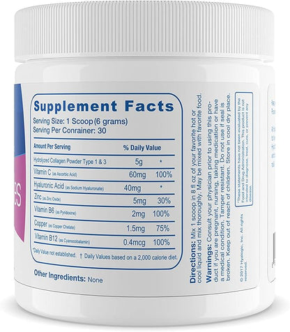 Hyalogic Collagen Peptides Powder w/Hyaluronic Acid, Hydrolyzed Types 1 & 3, Grass Fed, Keto Protein Powder Supplement for Hair Growth, Skin, Nails Unflavored Easy to Mix 6.4 oz (180 gr.)