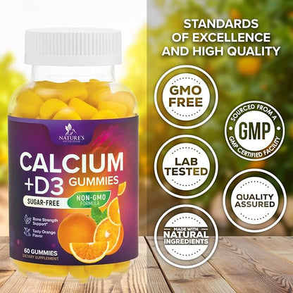 Chewable Calcium Supplements for Women & Men - Sugar Free Calcium with 400 IU Vitamin D3 Gummy for Bone, Teeth, & Immune Health Support - Non-GMO, Berry Flavored, Daily Vitamins Chews - 60 Gummies