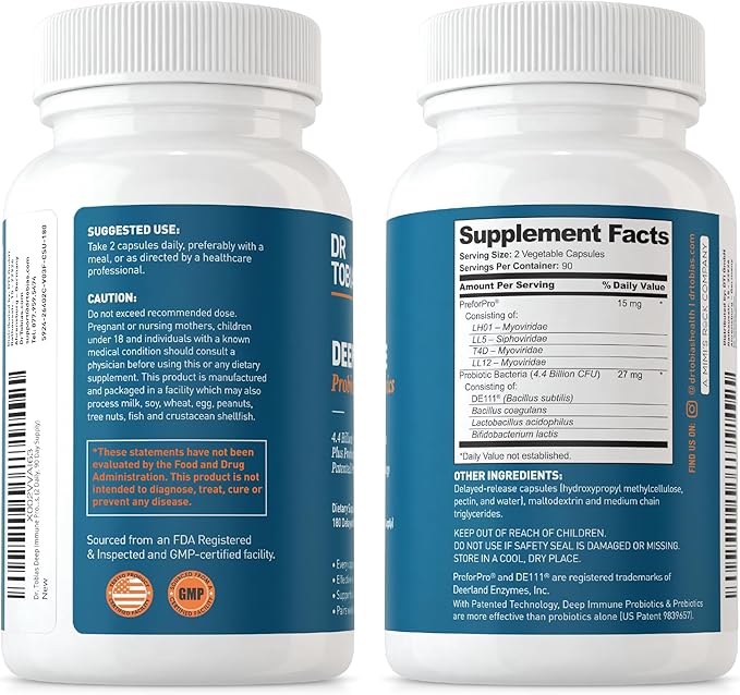 Dr. Tobias Deep Immune Probiotics & Prebiotics, Dual Action Digestion & Immune Support with PreforPro Prebiotics & Delayed Release Spore Forming Probiotics for Women & Men, 180 Capsules, 90 Servings