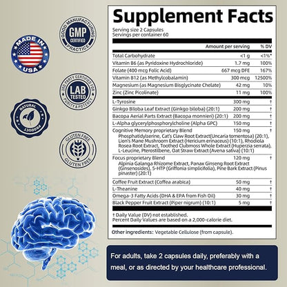 25 in 1 Brain Supplements for Memory and Focus & Neuro Health - Daily Brain Nootropic Cognitive Supplement with L-Tyrosine, Bacopa Monnieri, Ginkgo Biloba, Alpha GPC - Non-GMO, Gluten Free, Vegan
