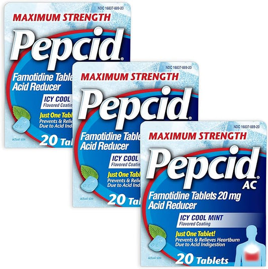 Pepcid AC Maximum Strength Heartburn Relief Tablets, Prevents & Relieves Heartburn Due to Acid Indigestion & Sour Stomach, 20 mg Famotidine, ICY Mint Flavor, Multipack, 3 x 20 ct