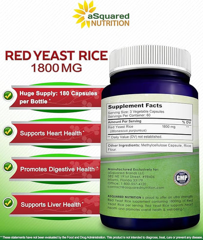 aSquared Nutrition Red Yeast Rice 1800mg - Dietary Supplement Vegan Powder Pills to Support Cardiovascular Health - 180 Veggie Capsules