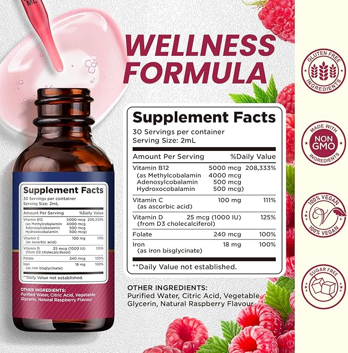 Vitamin B12 Complex 5000 mcg | Vegan B12 Liquid Drops Sublingual Supplement | Methylcobalamin w/ Folate, Folate, Vitamin B6, C, D3 for Long-Lasting Energy and Healthy Metabolism, Raspberry Flavor