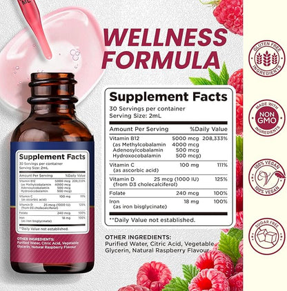 Vitamin B12 Complex 5000 mcg | Vegan B12 Liquid Drops Sublingual Supplement | Methylcobalamin w/ Folate, Folate, Vitamin B6, C, D3 for Long-Lasting Energy and Healthy Metabolism, Raspberry Flavor