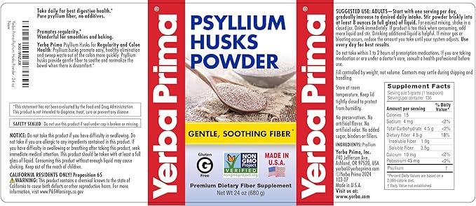 Yerba Prima Psyllium Husks Powder - 24 oz (Pack of 2) - Unflavored - Fine Ground - Natural Fiber Supplement with Soluble & Insoluble Fiber