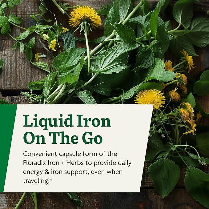 Floradix Iron + Herbs - Iron Supplement for Healthy Energy Support* - Vegan, Non-GMO, Gluten-Free, Soy-Free - 60 Liquid Phyto-Caps