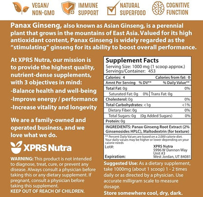 XPRS Nutra Ginseng Root Extract Powder - Ginseng Powder Supports Cognitive Function, Physical Performance, and Immune System - Vegan Friendly Panax Ginseng in Powder Form (16 Ounce)
