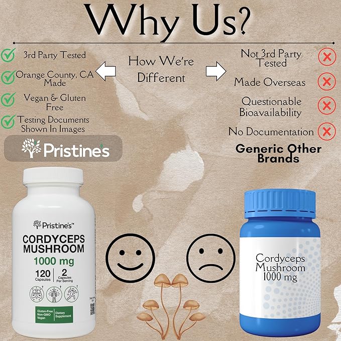 PRISTINE'S Cordyceps Mushroom Capsules - 60 Day Supply 1000 MG - Athletic Performance, Endurance & Immunity Adaptogen Supplement - Anti Aging Support Antioxidant