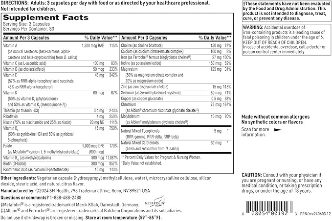 Klaire Labs SFI Health Prenatal & Nursing Multivitamin - Postnatal & Prenatal Vitamins for Women with Iron - Complete Nutritional Support During Preconception, Pregnancy & Breastfeeding (90 Capsules)