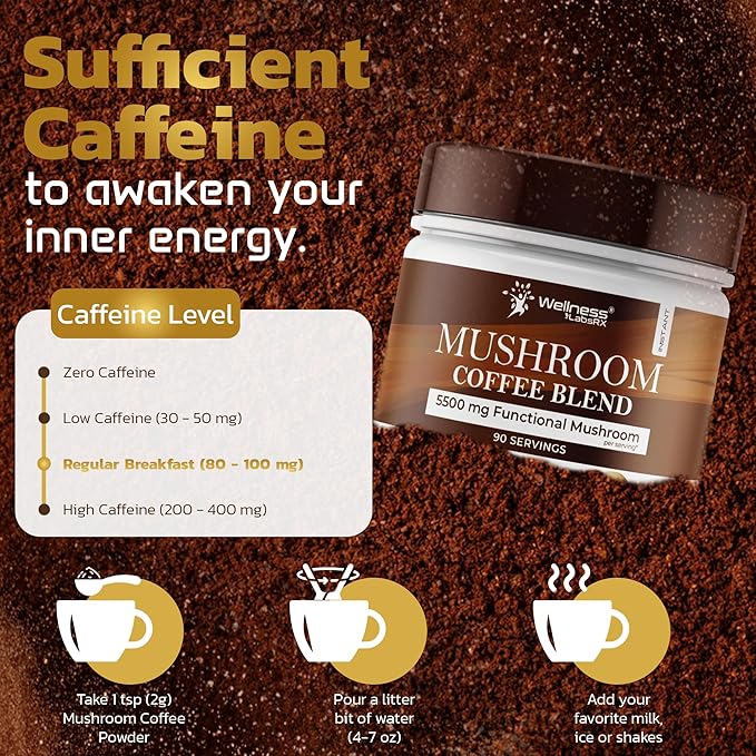 Mushroom Coffee, 90 Servings Organic Mushrooms Instant Coffea, Great Tasting Colombian Keto Coffee, 7 Superfood Mishrooms Lions Mane, Chaga, Reishi, Cordyceps, Maitake, Shiitake, and Turkey Tail