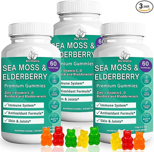 BIO VITALICA Sea Moss Gummies Elderberry BioVitalica - Vitamin C D + Zinc - Irish Seamoss Vegan Gummy with Sea Moss Gel & Powder for Immunity, Detox - for Adults and Kids (3Packs)