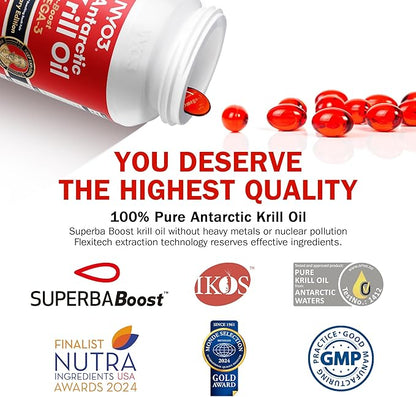 Krill Oil Omega 3 Supplement 1000mg 90 Softgels EPA & DHA, Pure Antarctic Krill Oil with Astaxanthin and 56% Phospholipids Laboratory Tested