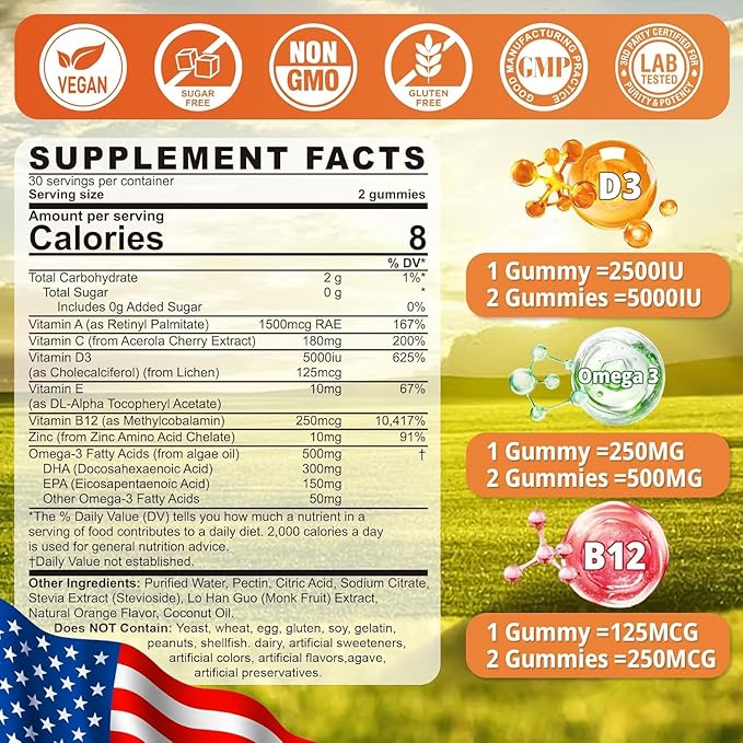 Sugar Free Vitamin D3 5000 IU Gummies + Methyl B12 Vitamins + Vegan Omega 3 Supplement - Made in USA - Organic Vitamin D Gummies for Women Men with Vitamin ACE & Zinc for Energy, Mood, Muscle & Immune