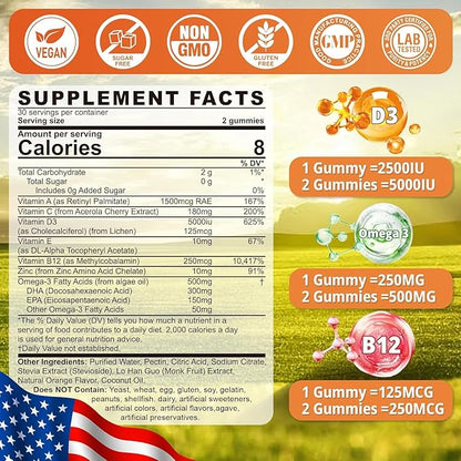Sugar Free Vitamin D3 5000 IU Gummies + Methyl B12 Vitamins + Vegan Omega 3 Supplement - Made in USA - Organic Vitamin D Gummies for Women Men with Vitamin ACE & Zinc for Energy, Mood, Muscle & Immune