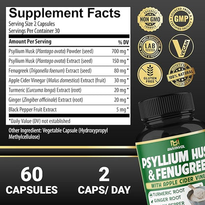 BMVINVOL 6in1 Psyllium Husk, Fenugreek, Apple Cider Vinegar, Turmeric, Ginger, Black Pepper - Soluble Fiber for Supports Digestive Health & Regularity (60 Capsules)