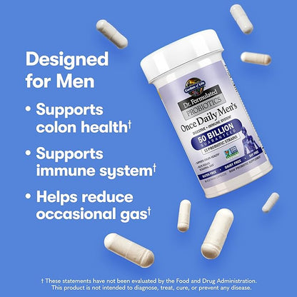 Garden of Life Probiotics for Men Dr Formulated 50 Billion CFU 15 Probiotics for Digestive Health + Organic Prebiotic Fiber for Colon & Immune Support, Daily Gas Relief, Shelf Stable, 30 Capsules