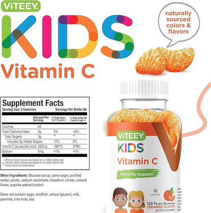 Kids Vitamin C Gummies - Immune Support for Kids, Toddlers, & Teens - Vegan, Gelatin Free, Gluten Free, GMO Free - Tasty Chewable Orange Flavored Immunity Gummy