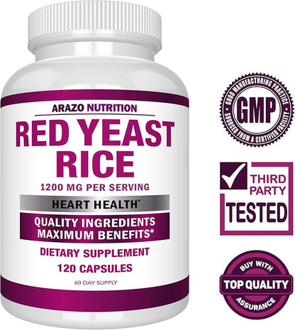 Arazo Nutrition Red Yeast Rice Extract 1200 MG – Citrinin Free Supplement – Vegetarian 120 Capsules