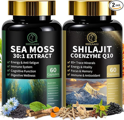 Shilajit for Men, Sea Moss and Shilajit Bundle, All in 1 Supplements with Coenzyme Q10, Black Seed, Ashwagandha, Taurine, Burdock for Energy, Endurance, Antioxidant & Immune Support, 120 Capsules