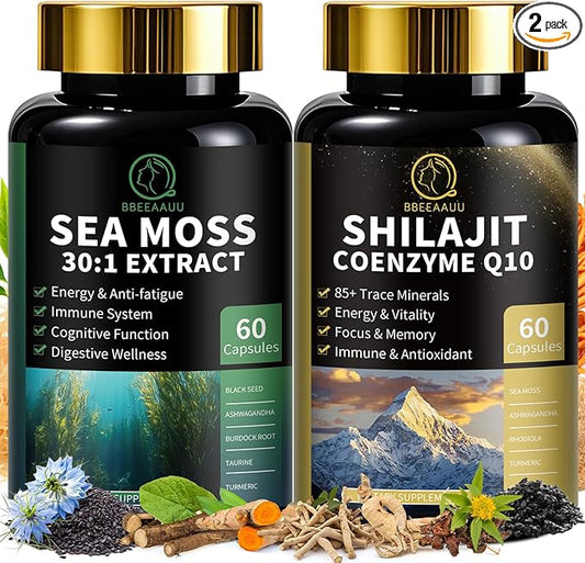 Shilajit for Men, Sea Moss and Shilajit Bundle, All in 1 Supplements with Coenzyme Q10, Black Seed, Ashwagandha, Taurine, Burdock for Energy, Endurance, Antioxidant & Immune Support, 120 Capsules