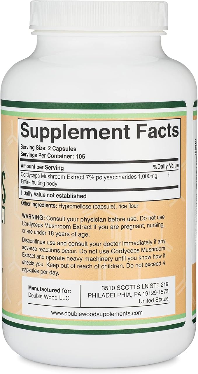 Cordyceps Capsules (Cordyceps Sinensis Mushroom Extract) 210 Count, 3.5 Month Supply, 1,000MG (7% Polysaccharides with Alpha and Beta Glucans) Overall and Aging Support by Double Wood
