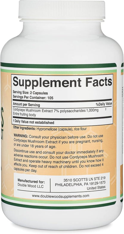 Cordyceps Capsules (Cordyceps Sinensis Mushroom Extract) 210 Count, 3.5 Month Supply, 1,000MG (7% Polysaccharides with Alpha and Beta Glucans) Overall and Aging Support by Double Wood