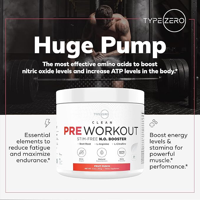 Ultra Clean Stim Free Pump Pre Workout + Nitric Oxide Booster (Fruit Punch) Beetroot, 7G Arginine Citrulline Malate, Betaine, Beta A, ACV+ - Sugar/Caffeine Free Natural Non Stim Preworkout Men & Women