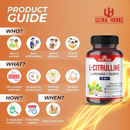 L-Citrulline Supplement Capsules Enriched with L-Arginine, Taurine, Creatine, Tongkat Ali, Fadogia Agrestis | Ultra Nitric Oxide Booster for Muscle Endurance, Stamina & Recovery | 180 Capsules