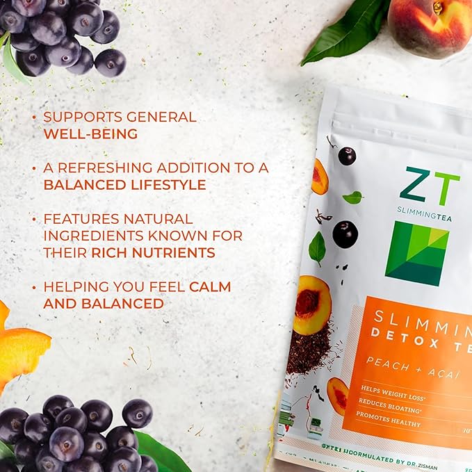 Dr. Zisman ZT Slimming - Peach and Acai Herbal Tea Blend with Ashwagandha, Rooibos and Acai - 28 Day Wellness Blend (28 Tea Bags)