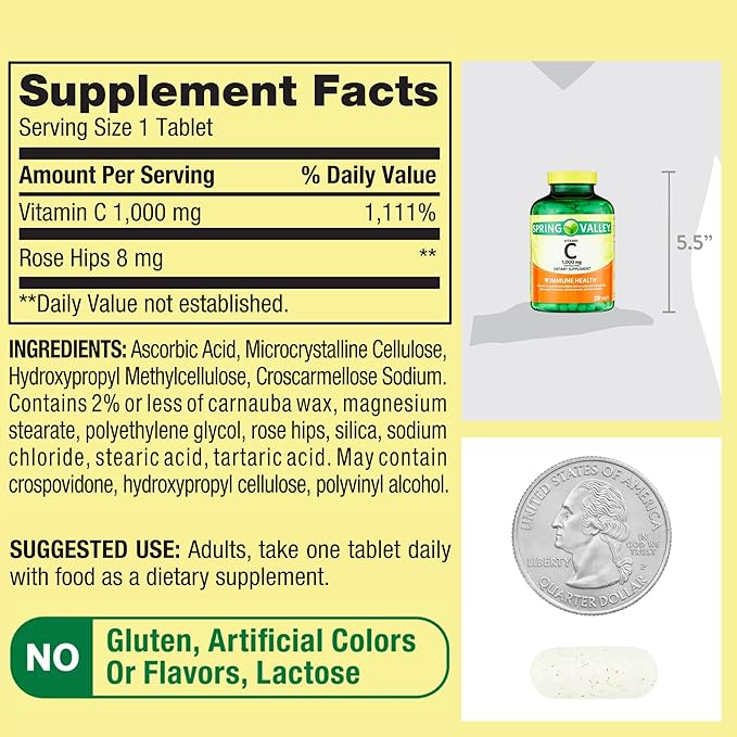 Spring Valley Vitamin C 1000mg with Rose HIPS Tablets Dietary Supplement, Antioxidant Protection, 250 Count (Pack of 1)