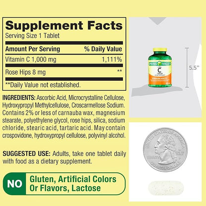 Spring Valley Vitamin C 1000mg with Rose HIPS Tablets Dietary Supplement, Antioxidant Protection, 250 Count (Pack of 1)