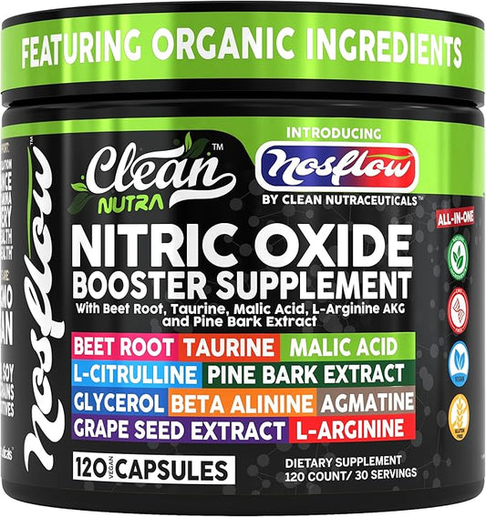 NosFlow Nitric Oxide Supplements for Men | Beet Root Taurine L-Arginine Malic Acid L-Arginine L-Citrulline Pine Bark Glycerol Agmatine Grape Seed Vitamin C Vitamin B12 Vitamin B3 by Clean Nutra