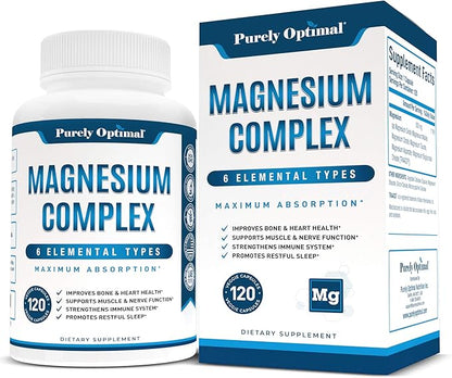 Purely Optimal Premium Multi Collagen Powder + Premium Magnesium Complex - Magnesium Citrate, Malate, Muscle Relaxation - 120 caps