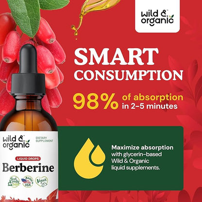 Wild & Organic Berberine Liquid Drops - 500mg Berberine Supplement HCL for Overall Support - Natural Extract Tincture - Vegan, Alcohol & Sugar-Free - 2 fl oz
