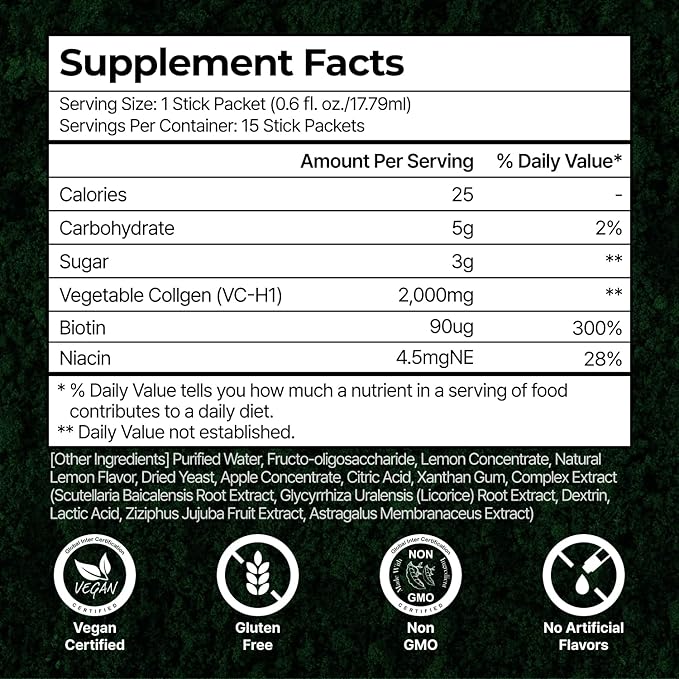 PLANT Vegan Liquid Collagen with Biotin & Niacin | 2,000mg Hydrolyzed Collagen Peptides | Kosher & Halal Certified| Lemon Flavor| Skin, Hair & Nail Support| 363Da Ultra Low Molecular |15 Stick Packs