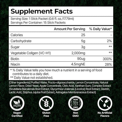PLANT Vegan Liquid Collagen with Biotin & Niacin | 2,000mg Hydrolyzed Collagen Peptides | Kosher & Halal Certified| Lemon Flavor| Skin, Hair & Nail Support| 363Da Ultra Low Molecular |15 Stick Packs