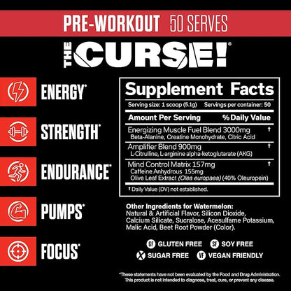 JNX SPORTS The Curse! Pre Workout Powder for Men & Women, Caffeine, Beta-Alanine, Creatine, L-Citrulline, 50 Servings, Watermelon Flavor – Boost Energy, Strength & Focus