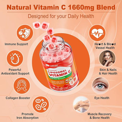 Liposomal Vitamin C 1000mg Filled Gummies for Adults & Kids 9+, 1660mg Blend w/ Echinacea, Elderberry, D3, Zinc, Iron, Bioflavonoid,Astaxanthin - Natural Organic Chewable Vitamin C Gummies, Sugar Free