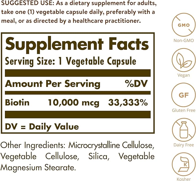 Solgar Biotin 10000 mcg Vegetable Capsules Energy Metabolism Promotes Healthy Skin Nails Hair Super High Potency NonGMO Vegan Gluten Free Dairy Free Kosher Servings, Standard Packaging, Unflavored, 120 Count